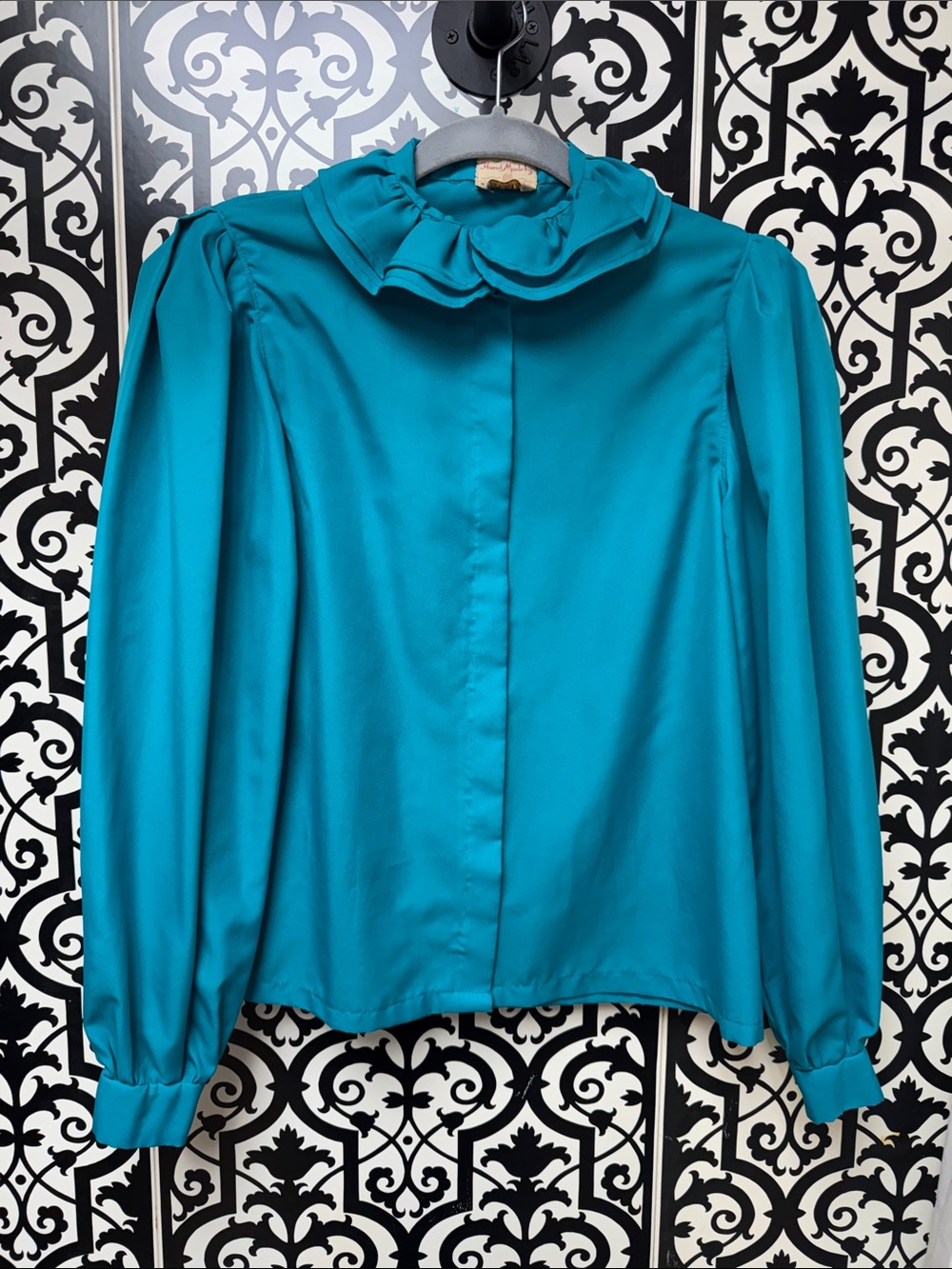 Vintage handmade Ruffled Collar Blouse in Teal - Women Tops